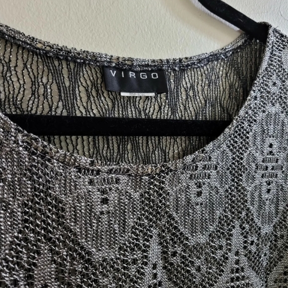 Vintage Virgo Brand Silver Knit Crochet Style Fringe Crop Top Blouse - Picture 5 of 8